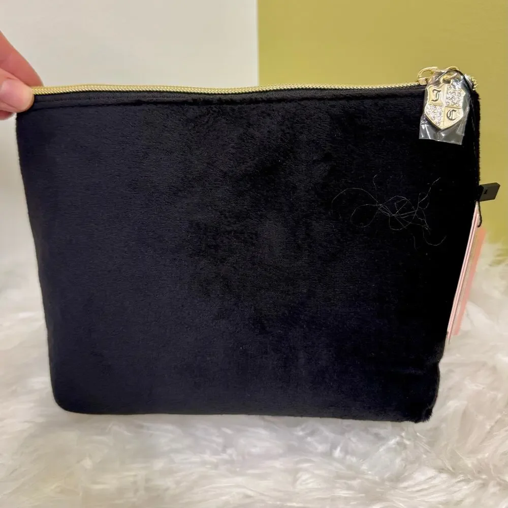 Juicy Couture Bling Velour Makeup Comestic Bag Black Logo NWT